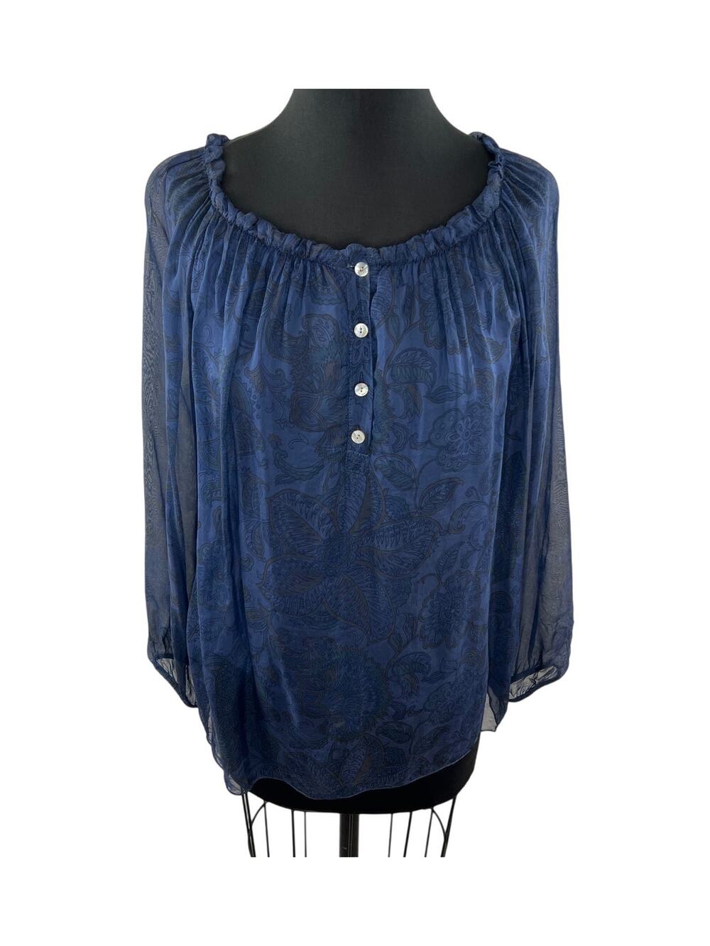Made in Italy Blue Top Floral Lined Lace Ruffle Henley Pleated Balloon Sleeve M?